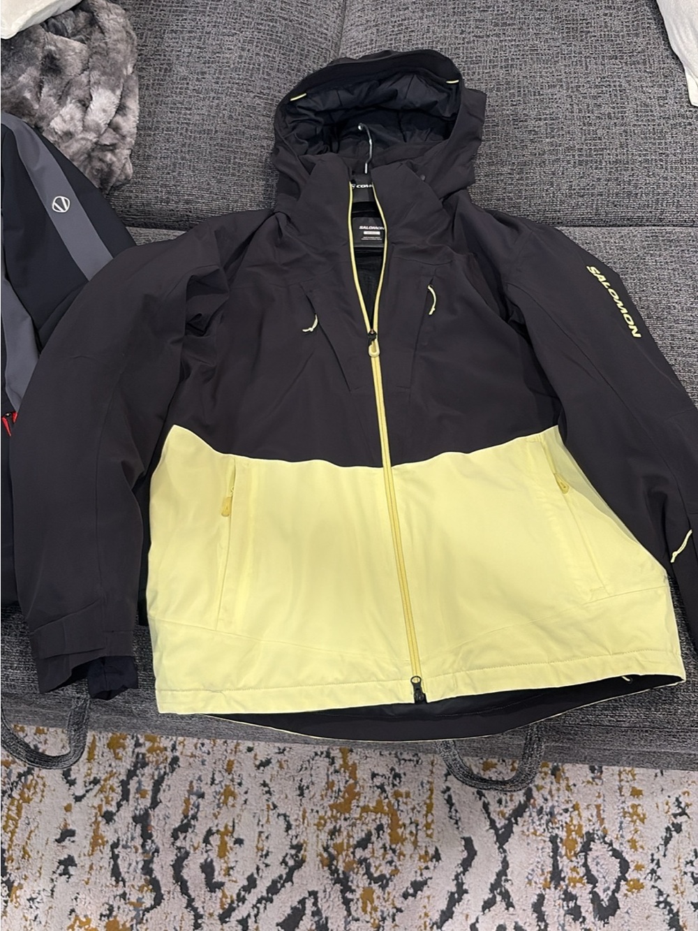 Salomon Black and Yellow Two-Tone Hooded Shell Jacket